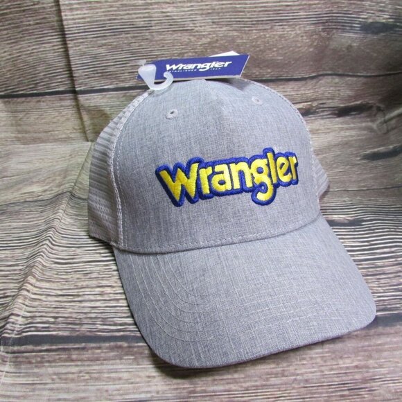 Wrangler Men's Yellow Logo Outline Snapback Mesh Back Trucker Cap Hat Gray - Picture 1 of 2